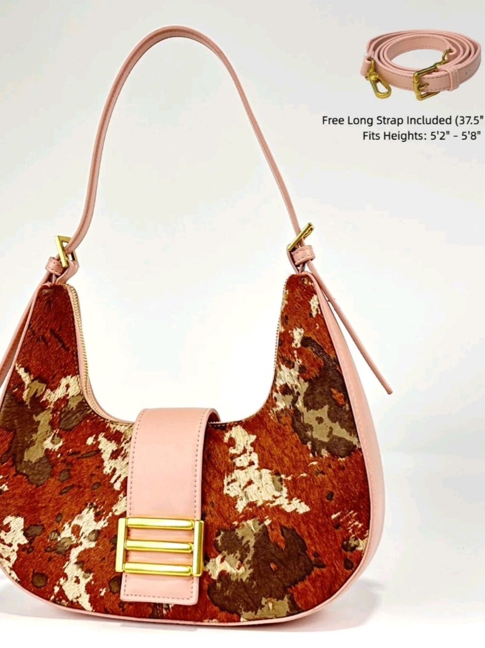 Pink & Brown Cowhide Hobo Bag with Gold Buckle